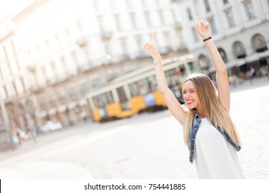 Pretty Millennial Teenager Tourist Visiting The City Of Milan, In Italy