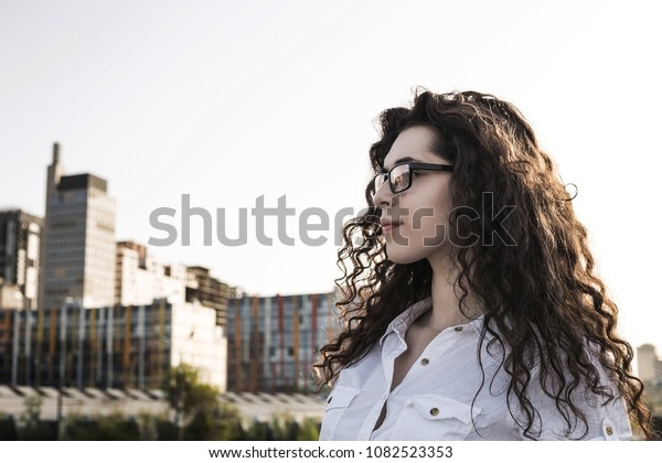 Pretty Mixed Race Girl Glasses Curly Stock Photo Edit Now 1082523353