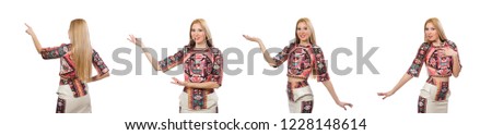 Pretty model in clothes with carpet prints isolated on white