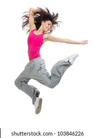 pretty modern slim hip-hop style teenage girl jumping dancing isolated on a white studio background