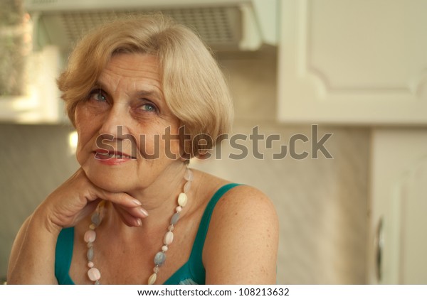 Pretty Old Woman Short Hair Home Royalty Free Stock Image