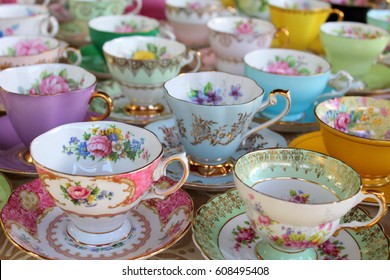 Pretty Pastel Tea Cups In Row - Afternoon Tea Party