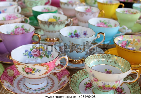 Pretty\
Pastel Tea Cups in Row - Afternoon Tea\
Party