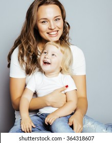 Pretty Real Fashion Mother With Cute Blond Little Daughter Close Up Smiling Happy