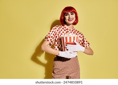 A pretty redhead woman in polka dot blouse with pop art makeup holding a box of popcorn on a yellow background. - Powered by Shutterstock