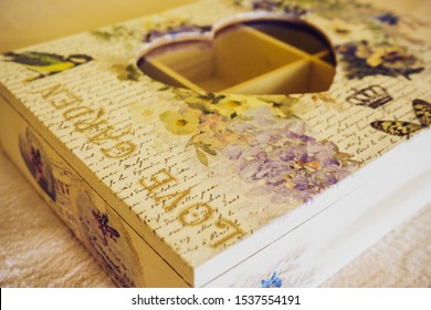 Pretty Romantic Floral Decoupage Wooden Box With A Heart