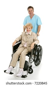 Pretty Senior In Wheelchair Being Pushed By A Doctor Or Male Nurse.  Full Body Isolated.