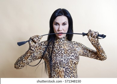 Pretty Sexy Girl Wearing Spandex Leopard Catsuit Fetish Mistress 