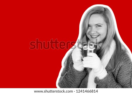 Pretty smiling adult woman dressed in warm sweater, gloves and scarf with a mug of hot tea. Detailed closeup studio shot. Magazine style fashion collage
