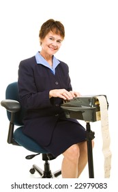 Pretty, Smiling Court Reporter With Stenography Machine.  Isolated On White Background.