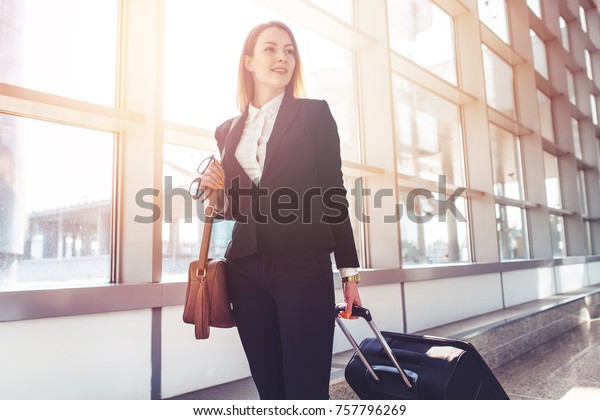 Pretty Smiling Female Flight Attendant Carrying Stock Photo 757796269 ...