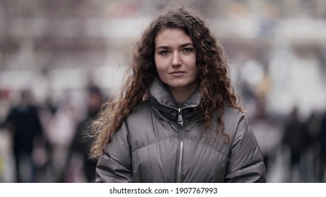 Pretty Smiling Woman On Street Of Big City At Winter Day, Slow Motion Portrait Shot, Townswoman