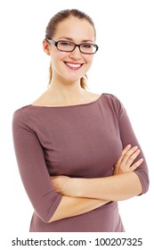 Pretty Smiling Young Woman In Black Glasses With Crossed Arms On Her Chest. Isolated On White Background, Mask Included