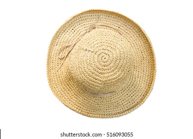 Pretty Straw Hat With Bow On White Background. Beach Hat Top View Isolated