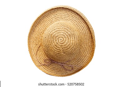 Pretty Straw Hat With Bow On White Background. Beach Hat Top View Isolated