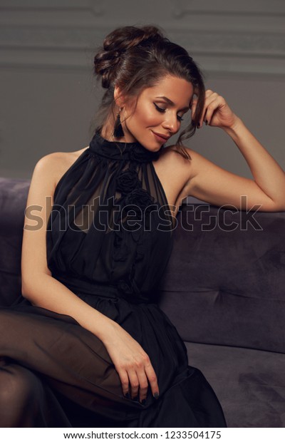 Pretty Stylish Girl Black Dress Makeup Stock Photo Edit Now