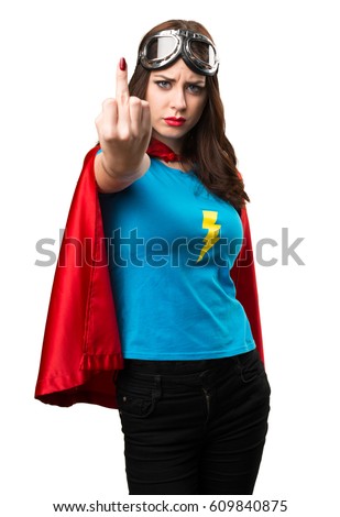 Pretty superhero girl making horn gesture