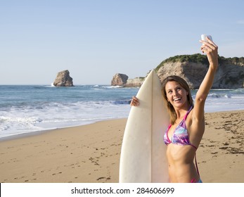 Pretty Surf Girl Smiling Take A Selfie Photography With Smartphone