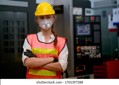 Pretty Technician Or Worker Or Engineer Woman With Gray Mask Stand With Confident Action In Workplace With Concept Collaboration During Concern About Public Health Of Corona Virus Pandemic In People.