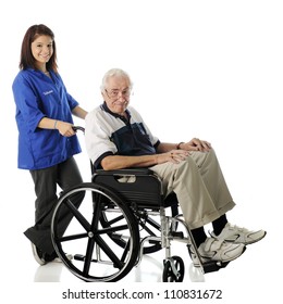 A Pretty Teen Volunteer Pushing An Elderly Man In His Wheelchair.  On A White Background.