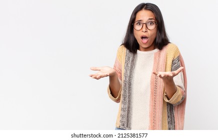 Pretty Thin Hispanic Woman Feeling Extremely Shocked And Surprised