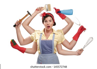 pretty very busy multitasking housewife  on white background