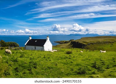 Pretty white cottage on the coast of Isle of Skye with sheep grazing in it's surrounding fields and blue skies and seas in the background. - Powered by Shutterstock