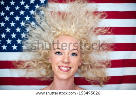 pretty Wild hair woman on American flag