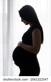 Pretty woman and 39 weeks pregnant young woman. Silhouette of pregnant woman