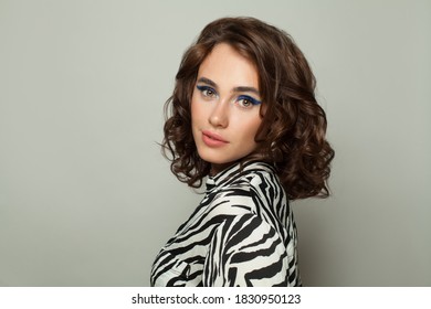 Pretty Woman Brunette  In Black And White Zebra Print Blouse