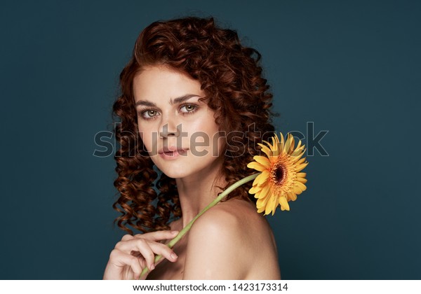 Pretty Woman Curly Hair Nude Shoulders Stock Photo