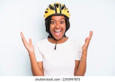  Pretty Woman Feeling Happy And Astonished At Something Unbelievable. Bike Helmet Concept