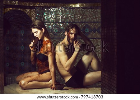 Pretty Woman Or Girl In Erotic Lingerie With Sexy Dirty Body And Handsome Bearded Man With Pretty Woman Or Girl In Erotic Lingerie With Sexy Dirty Body And Handsome Bearded Man With
