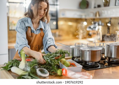 Pretty Woman With Green Ingredients And Spicy Herbs Cooking Healthy Food On The Kitchen. Healthy And Wellness Concept. High Quality Photo