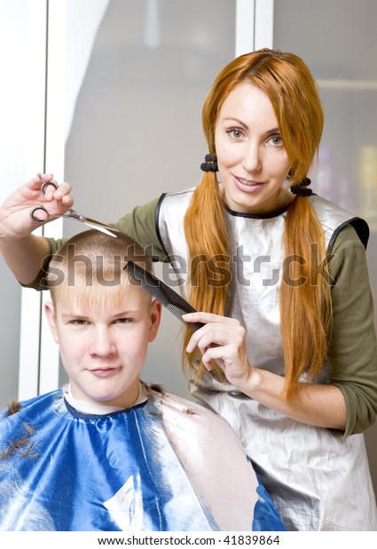 Pretty Woman Hairdresser Cuts Client Stock Photo Edit Now 41839864