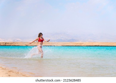 Pretty Woman Having Fun On Beach Red Swimsuit Leisure Nature Caribbean Islands