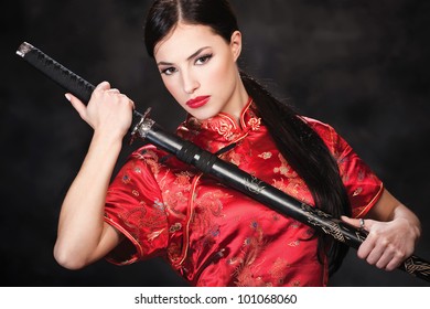 Beautiful Girl Dressed Kimono Katana Her Stock Photo 101068066 ...