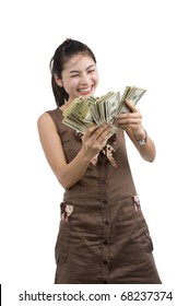 pretty woman holding lots of 100 dollar bills in her hand and almost getting crazy, isolated on white background