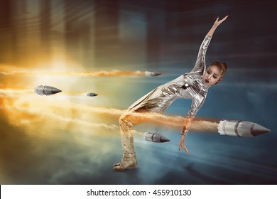 Pretty woman in latex costume dodging bullet inside cyber world - Shutterstock ID 455910130