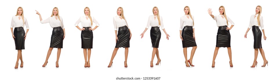 Pretty Woman In Leather Skirt Isolated On White