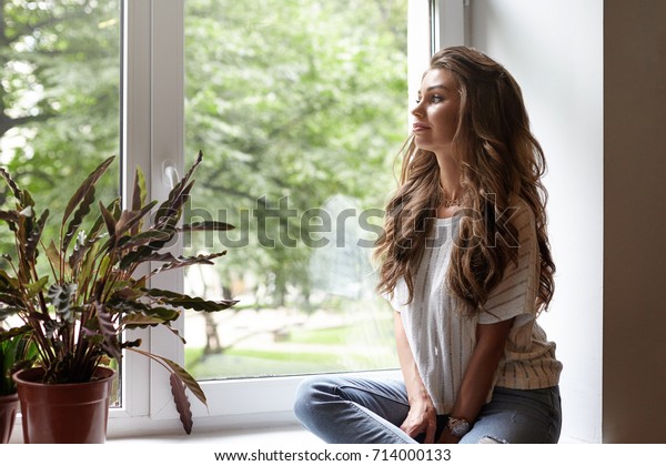 Pretty Woman Long Wavy Hair Relaxing Stock Image Download Now