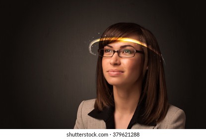 Pretty Woman Looking With Futuristic High Tech Glasses Concept