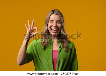 Similar – Image, Stock Photo Amazed woman, she expresses WOW. Impressed lady on yellow background. Great news