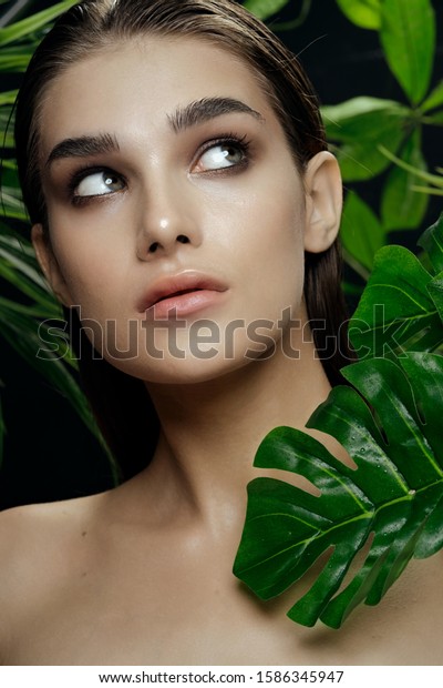 Pretty Woman Naked Shoulders Green Leaves Stock Photo Shutterstock