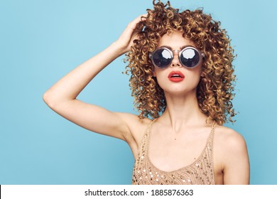 Pretty Woman Red Lips Curly Hair Hand On Head Lifestyle Sunglasses 