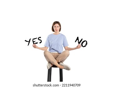 Pretty Woman Sits On Chair And Holds YES And NO Words In Choice Concept Isolated On White Background