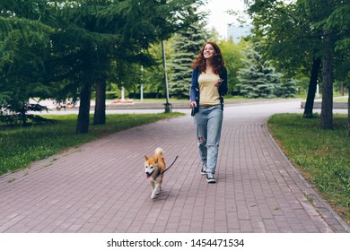 Pretty Woman With Smartphone Walking Shiba Inu Dog In Park On Summer Day Smiling Enjoying Summertime And Relaxing Walk. Youth, Lifestyle And Leisure Time Concept.