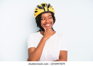 Pretty Woman Smiling With A Happy, Confident Expression With Hand On Chin. Bike Helmet Concept