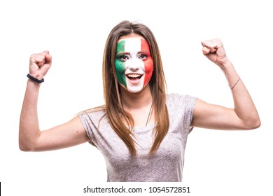 Pretty Woman Supporter Fan Of Mexico National Team Painted Flag Face Get Happy Victory Screaming Into A Camera.