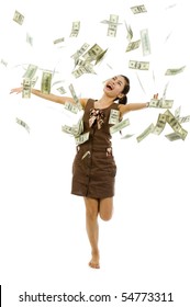pretty woman throwing 100 dollar bills, isolated on white background